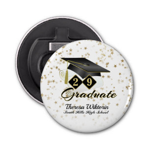 Graduation Cap Black Gold Stars Personalized Bottle Opener