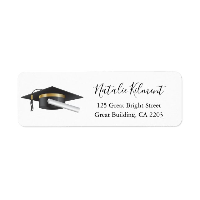 Graduation Cap Black Script Return Address Label (Front)