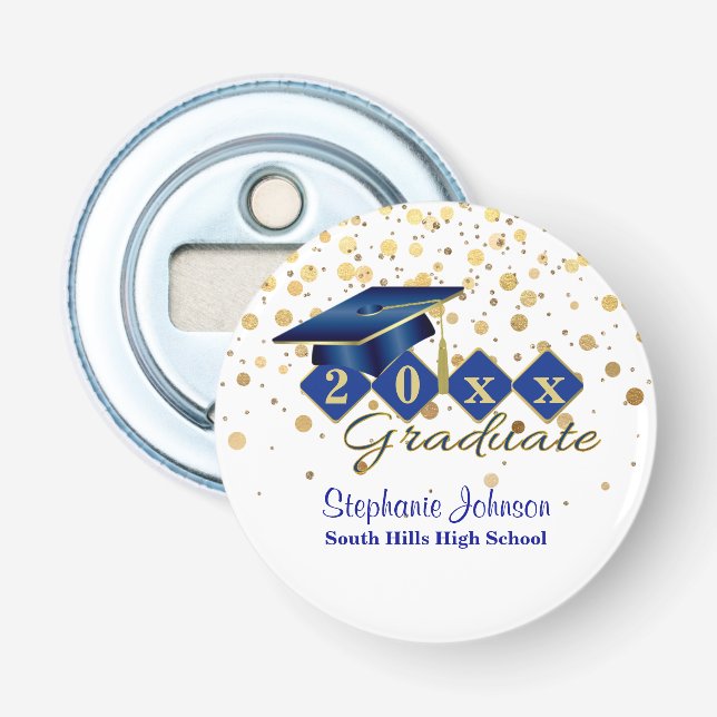 Graduation Cap Blue Gold Confetti Personalised Bottle Opener (Front)