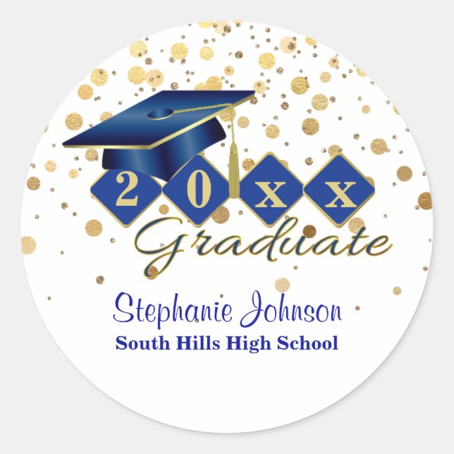 Graduation Cap Blue Gold Confetti Personalised Classic Round Sticker (Front)