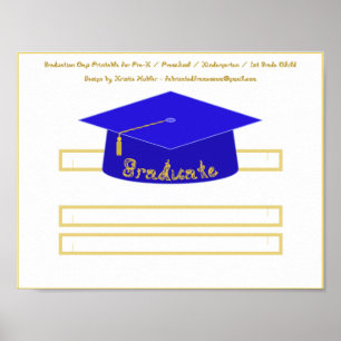 Graduation Cap Blue Paper Hat Gold Graduate Poster