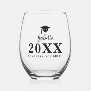 Graduation Cap Caligraphy Personalised Grad Gift Stemless Wine Glass