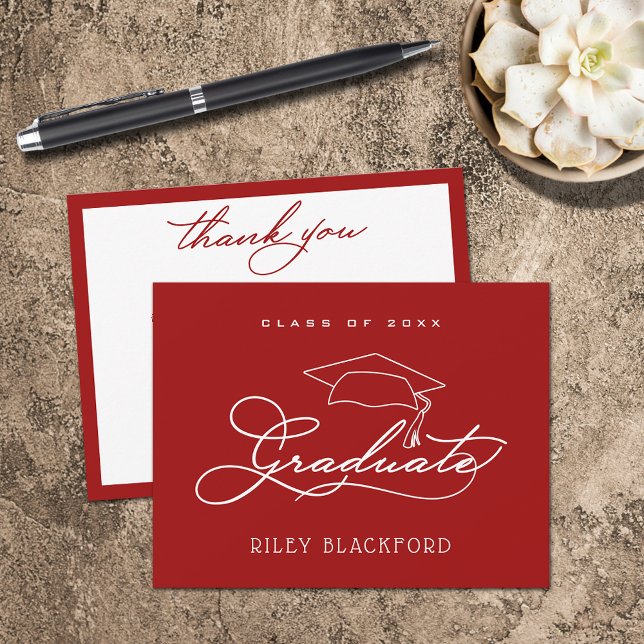 Graduation Cap Cardinal Red Thank You Card (Graduation cap cardinal red flat thank you note cards have room for your message on the back.)