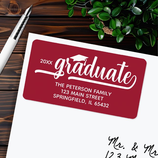 Graduation Cap Chic Script Crimson Return Address Label (Graduation script crimson red return address labels, 2.375" x 1.25", 18 labels per sheet)