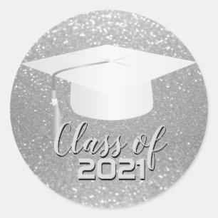 Graduation Cap - Class of 20XX - Silver Glitter Classic Round Sticker