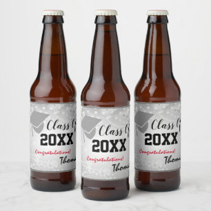 Graduation Cap, Class Year 20XX party Silver  Beer Bottle Label