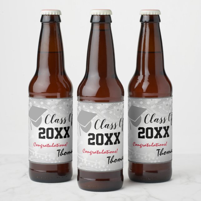 Graduation Cap, Class Year 20XX party Silver  Beer Bottle Label (Bottles)