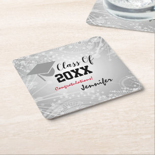 Graduation Cap, Class Year 20XX party Silver Square Paper Coaster