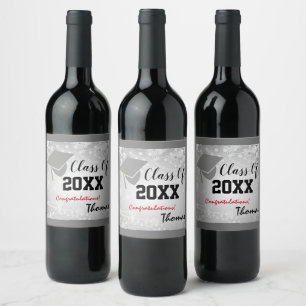 Graduation Cap, Class Year 20XX party Silver Wine Label