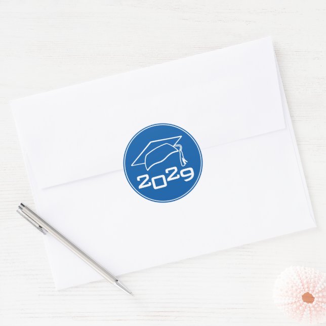 Graduation Cap Class Year Blue Classic Round Sticker (Envelope)