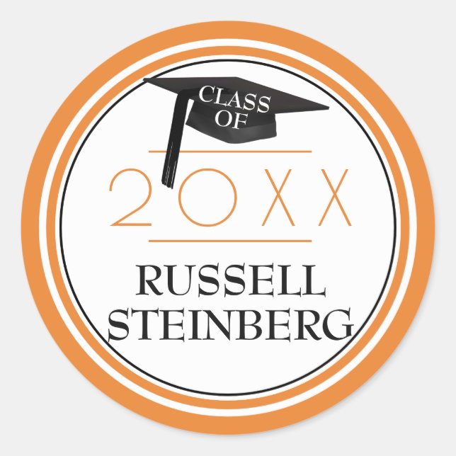 Graduation Cap Class Year Name Orange Black Classic Round Sticker (Front)