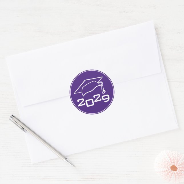 Graduation Cap Class Year Purple Classic Round Sticker (Envelope)