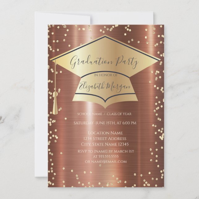  Graduation Cap,Diamonds Brown Metallic Graduation Invitation (Front)
