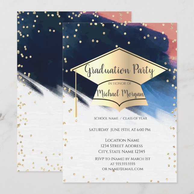 Graduation Cap,Diamonds Brush Stroke Graduation Invitation (Front/Back)