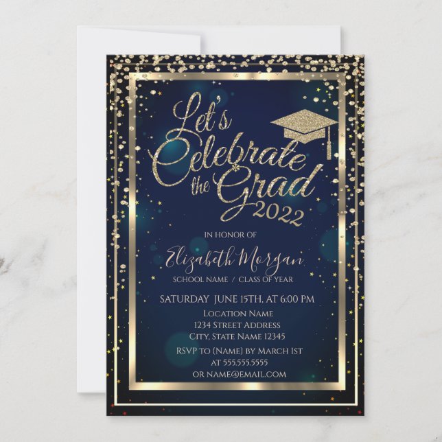Graduation Cap Diamonds Stars Blue Graduation  Invitation (Front)