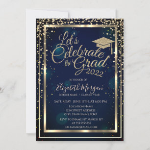 Graduation Cap Diamonds Stars Blue Graduation Invitation