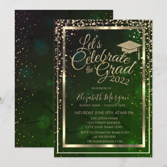 Graduation Cap Diamonds Stars Green Graduation   Invitation (Front/Back)