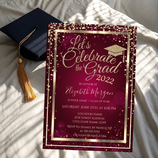 Graduation Cap Diamonds Stars Red Graduation  Invitation (Creator Uploaded)