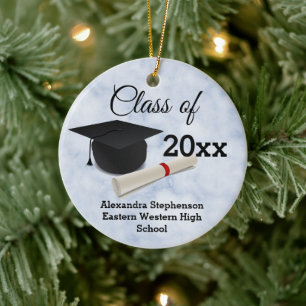 Graduation Cap Diploma Blue Marble Customized Ceramic Tree Decoration