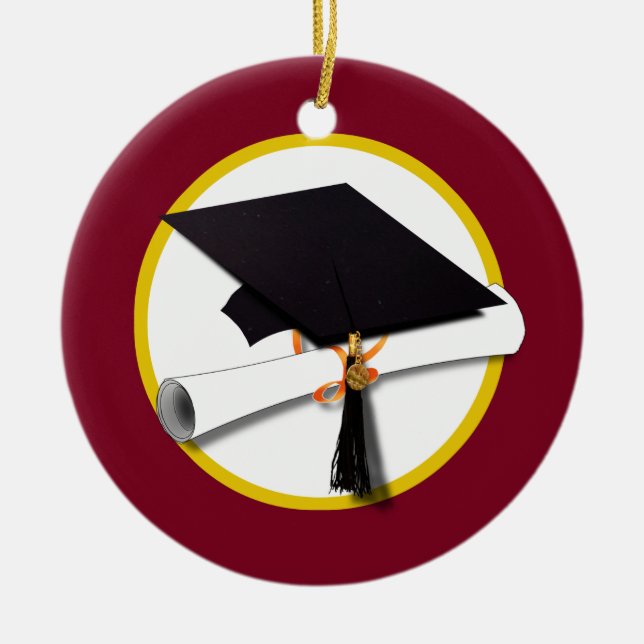 Graduation Cap & Diploma - Dark Red Background Ceramic Tree Decoration (Front)