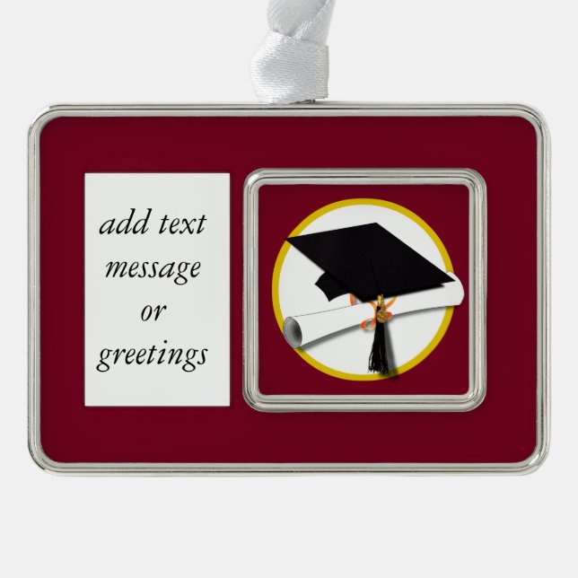 Graduation Cap & Diploma - Dark Red Background Silver Plated Framed Ornament (Front)