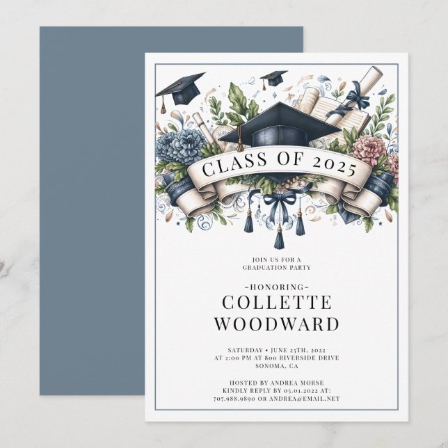 Graduation Cap Diploma Floral Banner Grad Party Invitation (Front/Back)