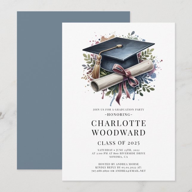 Graduation Cap & Diploma Grad Party 2025 Invitation (Front/Back)