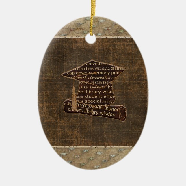 Graduation Cap & Diploma, Graduation Word Design Ceramic Tree Decoration (Front)