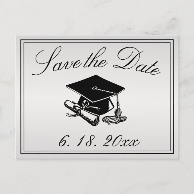 Graduation Cap Diploma Silver Save the Date Announcement Postcard (Front)