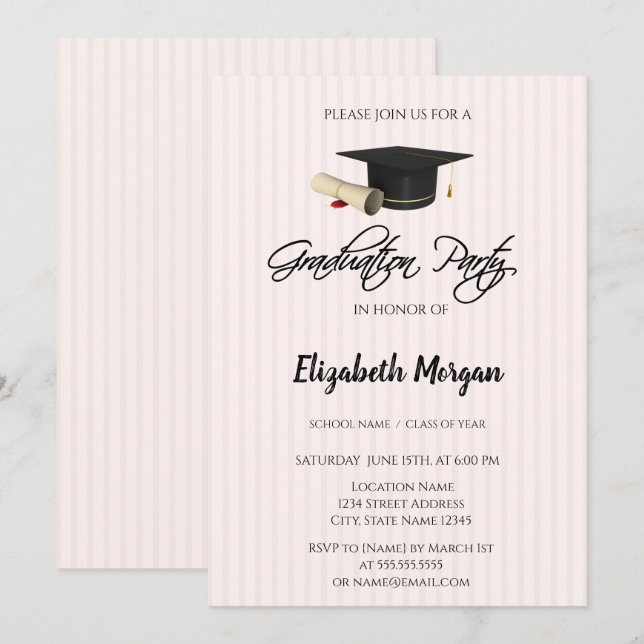 Graduation Cap Diploma Striped Graduation Party Invitation (Front/Back)