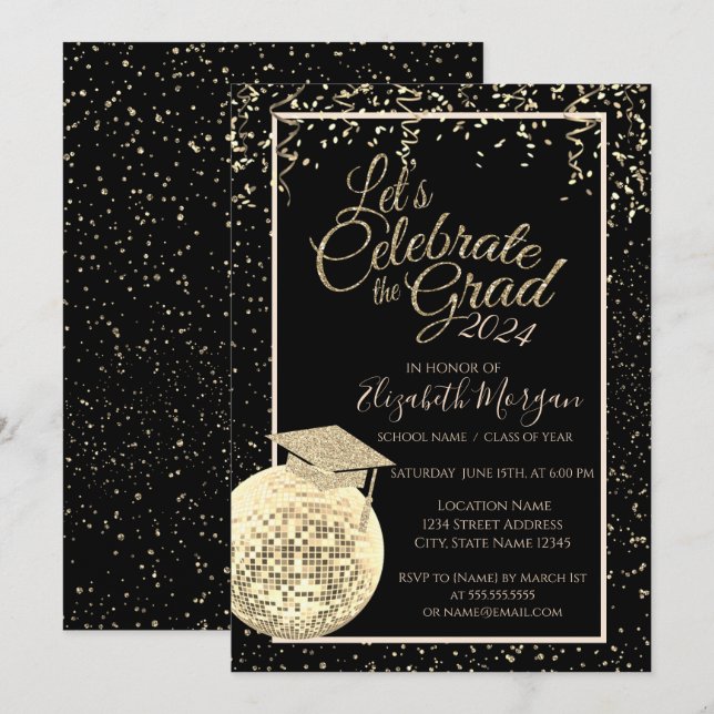 Graduation Cap,Disco Ball Confetti Graduation Invitation (Front/Back)