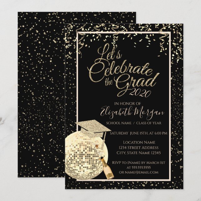 Graduation Cap,Disco Ball Confetti,Wine Graduation Invitation (Front/Back)