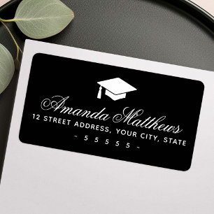 Graduation cap elegant script black return address label