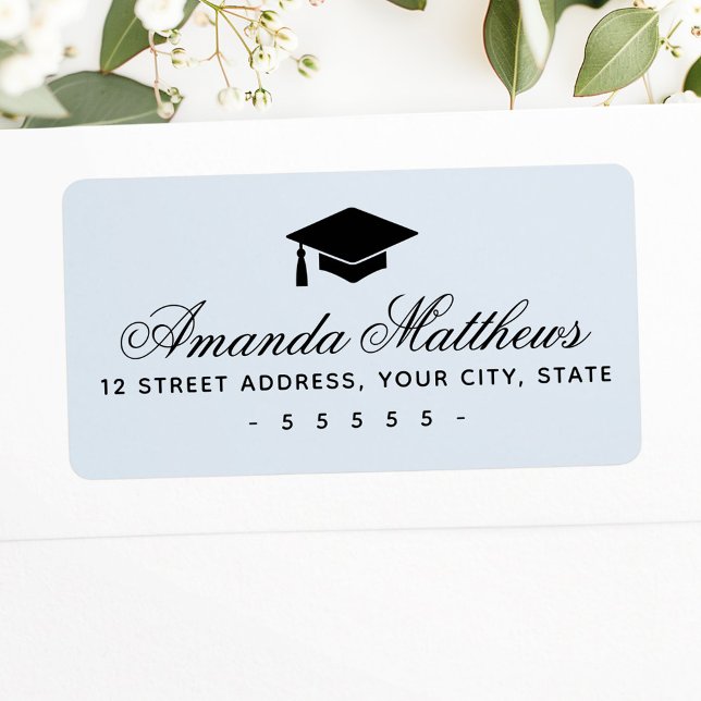 Graduation cap elegant script blue return address label (Graduation cap elegant script blue return address label)