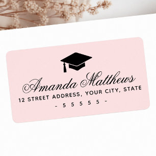 Graduation cap elegant script pink return address label