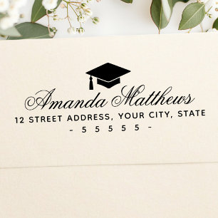 Graduation cap elegant script return address self-inking stamp