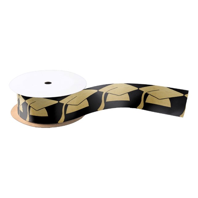 Graduation Cap Faux Gold Foil | Black Satin Ribbon (Spool)