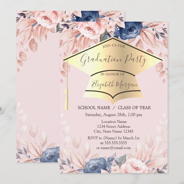 Graduation Cap,Flowers Light Pink Graduation  Invitation (Front/Back)