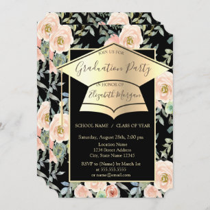 Graduation Cap,Flowers Roses Black Graduation   Invitation