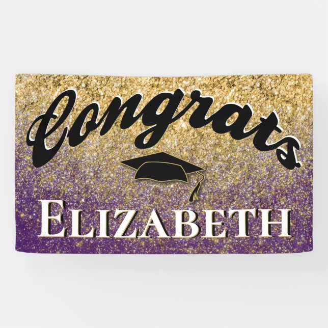 Graduation Cap Girly Gold Purple Banner (Horizontal)