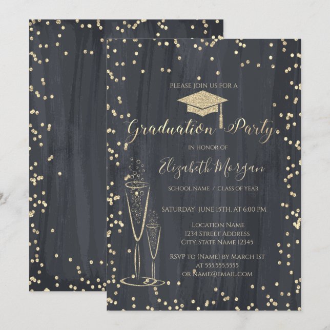 Graduation Cap,Glass Diamonds Black Graduation Invitation (Front/Back)