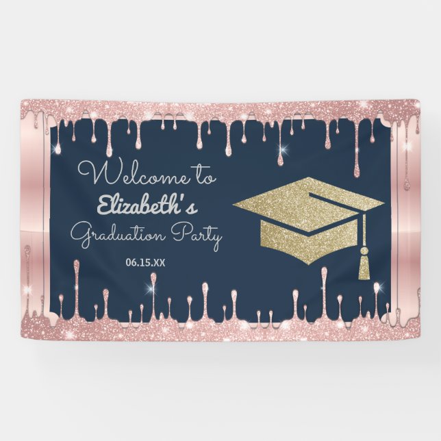 Graduation Cap Glitter Rose Gold Drips Navy Blue Banner (Horizontal)