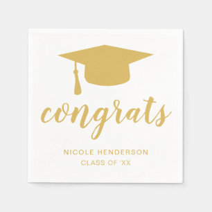 Graduation Cap Gold and White Congrats Napkin