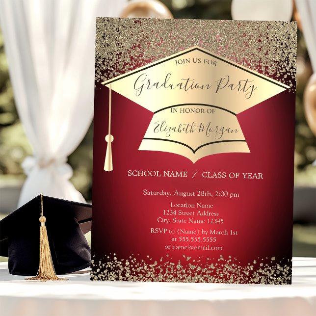 Graduation Cap,Gold Diamonds Dark Red Graduation Invitation (Creator Uploaded)