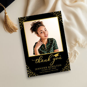 Graduation Cap Gold Foil On Black Thank You Invitation