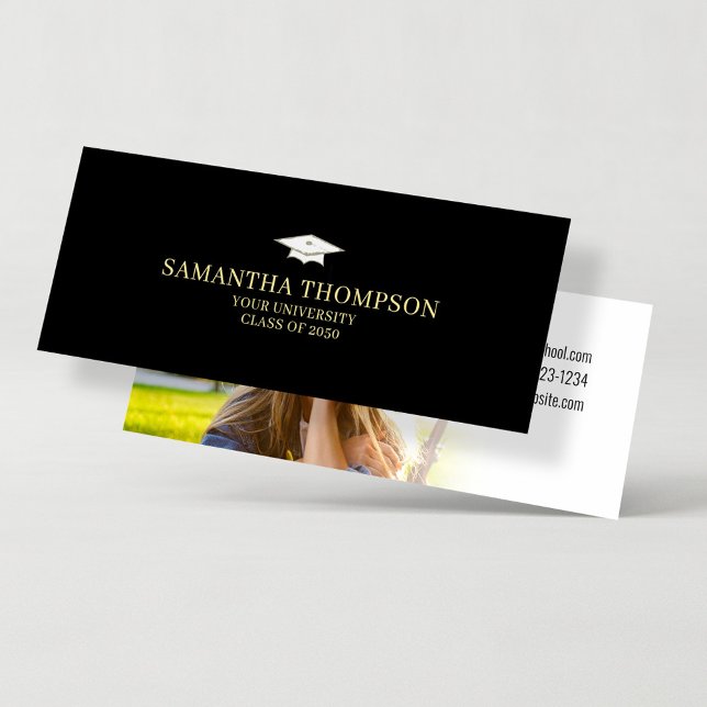 Graduation Cap Gold Student Name Card Elegant (Graduation simple name card with photo template in Classic black and gold. )