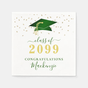 Graduation Cap Green Gold Confetti Script Napkin