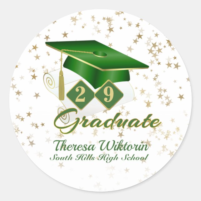 Graduation Cap Green Gold Stars Personalised Classic Round Sticker (Front)