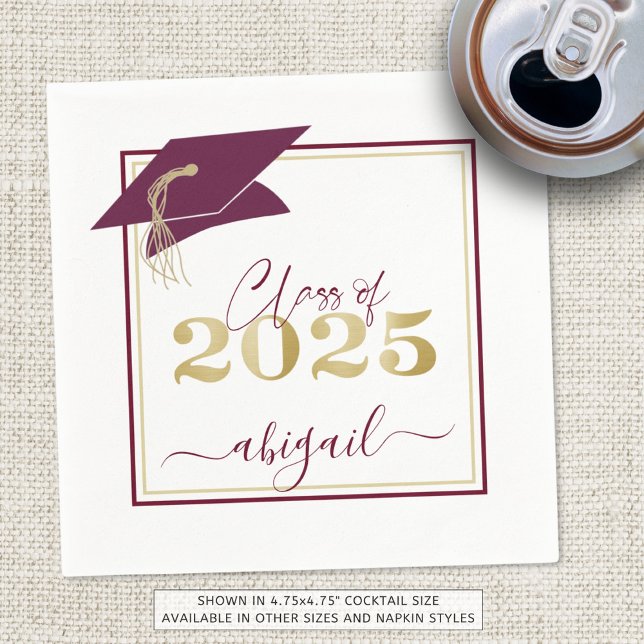 Graduation Cap Maroon Gold Script Class of 2025 Napkin (Creator Uploaded)