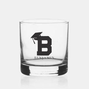 Graduation Cap Monogram Minimalist Custom Gift Whiskey Glass